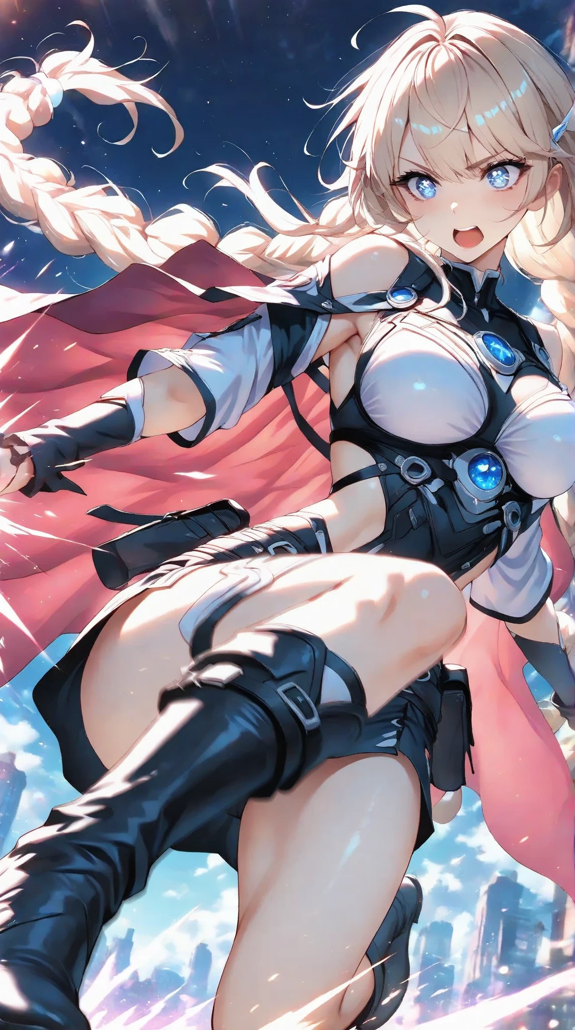 top-quality、Top image quality、masterpiece、Teenage girl((Black jacket、black mechanic body、Shining red body line、Black Bikini Armor、18year old、 Ager、Best Bust、big bast,Beautiful light blue eyes, Long Blonde Hair、A slender,Large valleys、Reflecting the whole body、black mechanic helmet、Black visor、mechanical red sword、Black wings、rear cable、mid air、flying though the air,fighting poses)),hiquality、Beautiful Art、Background with((research complex、Mechanical Laboratory、bio research、Burning ground、Fire Dragon))masterpiece、depth of fields,Japan Anime Style