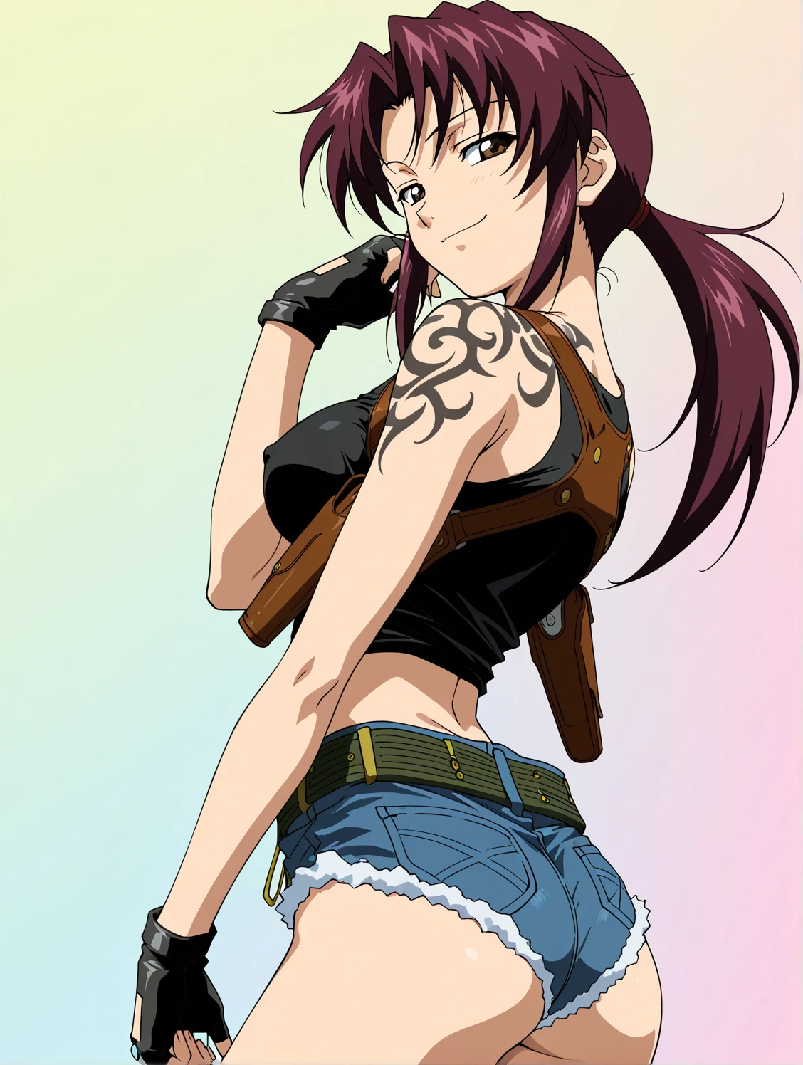 (art by oroborus:0.6), solo, 1girl, revy, smirk, looking back, ponytail, black tank top, fingerless gloves, denim shorts, belt, holster, newest <lora:blacklagoon_revy_xl-000004:1>