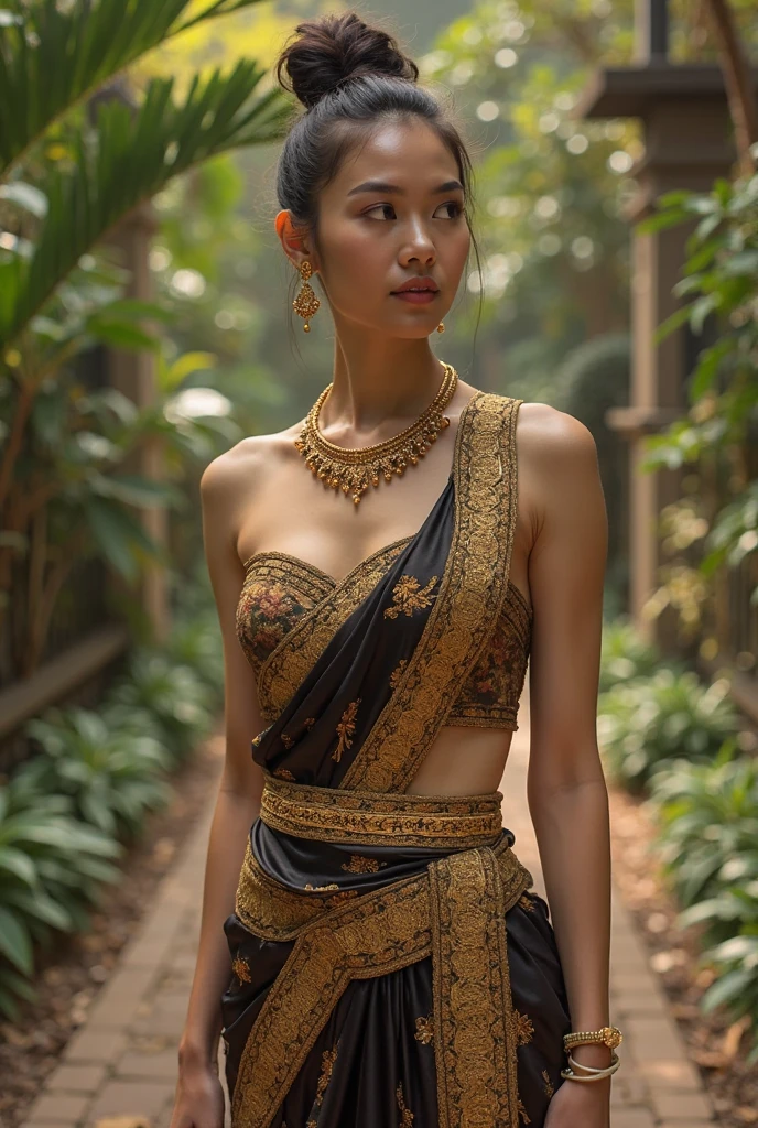 (onoff:1.4), (photorealistic:1.4), professional photography, award winning photo, photoshoot, centered photo, RAW, bokeh, natural lighting, realistic shadow, detailed skin texture, photon mapping, film grain, hiqcgbody, looking at viewer, (korean mixed), (full body), (split screen:1.4), Thai traditional dress, Thai traditional skirt, (Thai traditional footwear), Phra Nakhon Si Ayutthaya, ancient Thai ruins, outdoor, sunny day, (hair_bun), clenched fist, narrow waist, (large boobs), (small areolae:1.4), cleft of venus, (hairy pussy:1.4), (abs:0.8), bracelet, necklace, jewelry, tiara, (shiny skin1.4), (oily skin),