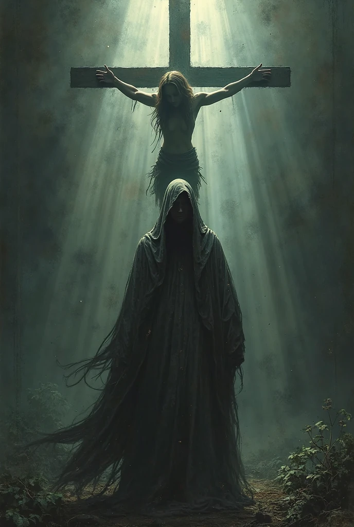 Horror movie poster of a sacrifice to a person in a cemetery and with people around