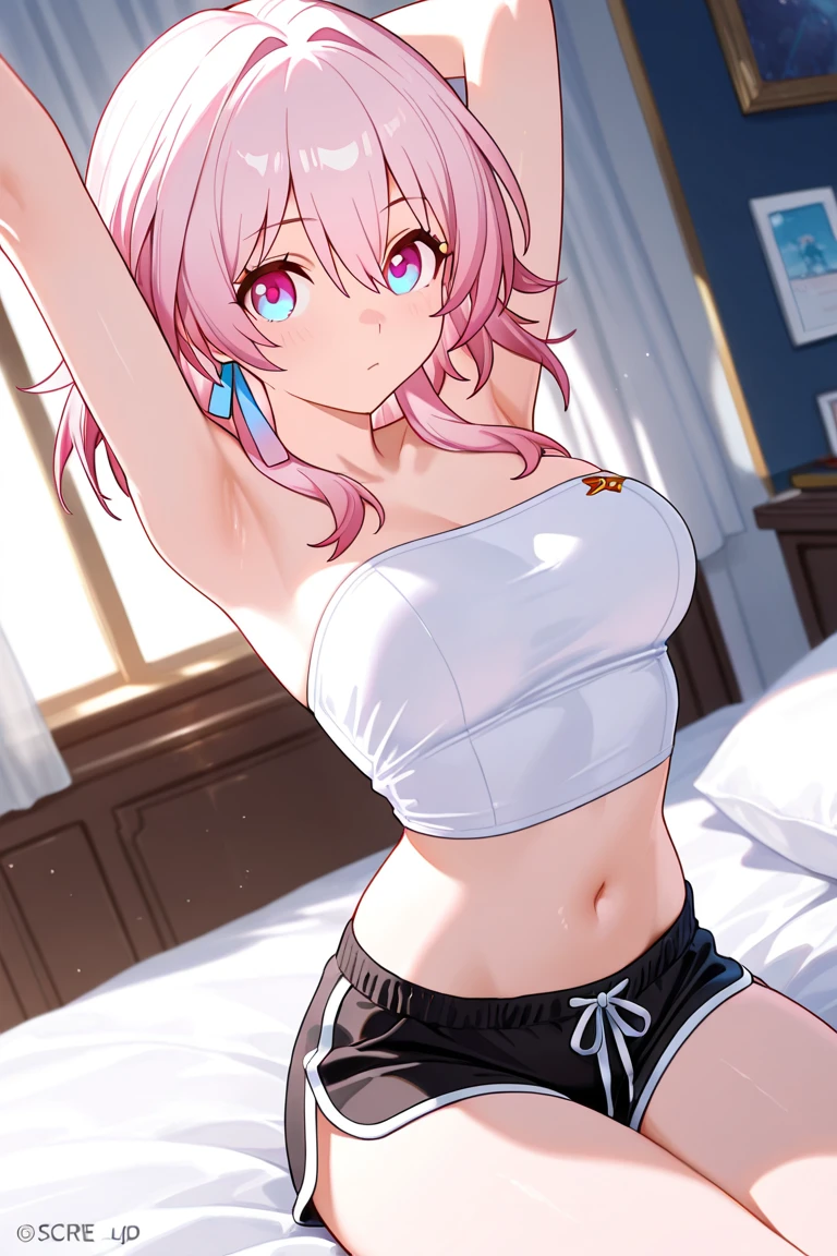 Astolfo, ((Femboy)), Anime, (Masterpiece:1.25), Best quality, High resolution:1.35, RAW photo:1.2, Detailed CG, Dreamy, Curvy build, Skinny, Slender body, Fine detailed beautiful eyes: 1.2, Embarassed Expression, Erotic thighs, Lustrous skin, Photon maping, Cinematic lighting, Full body shot, Dynamic angle, ((Pink sports bra)), Erect nipples, Show armpits, (((Sitting on bed))), Cute face, Long eyelashes, detailed eyelashes, eye shadows, glowing eyes, realistic eyes, Natural makeup, Clear facial features, Hyper detailed face, Lip details