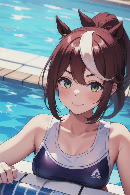 special week \(umamusume\), (ultra-detailed face), upper body, masterpiece, best quality, muscular girl, abs, bikini, , horse tail, pool,, light smile, detailed eyes, frontage