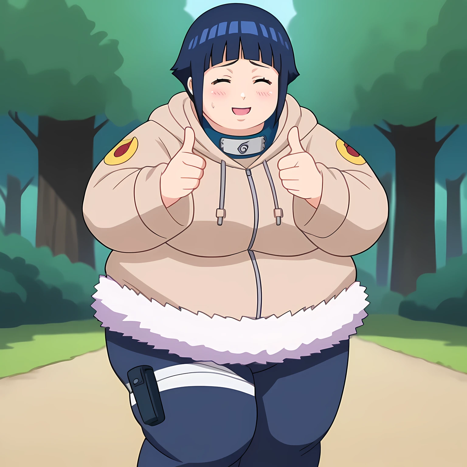 score_9, score_8_up,source_anime,
hort hair, dark blue hair, 1girl, blunt bangs, shiny hair, hoodie, solo, hood down, long sleeves, looking to the side,shy, blush, fur trim, capri pants, standing, smile, closed mouth,standing, cowboy shot, bandages, thigh holster,konohagakure symbol, forehead protector,head tilt,double thumbs up, closed eyes,
outdoors, forest,
anime screencap, anime coloring, fat, chubby, obese, gigantic arms and legs, large breasts open mouth, out of breath