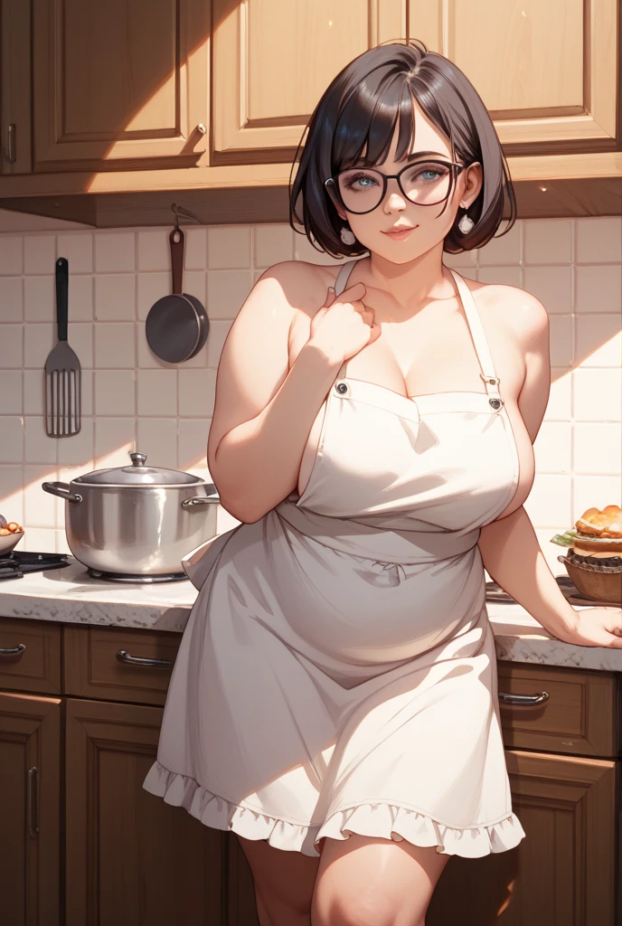 RAW, Best quality, high resolution, masterpiece: 1.3), beautiful Malay woman mommy, short ponytail hair, perfect huge pregnancy body (huge pregnance tummy), (small breasts), sit down with spread both legs, closes eyes, big smile, necklace, shairband, Indoor, kitchen, Excellent lighting, Bright colors, Clean lines