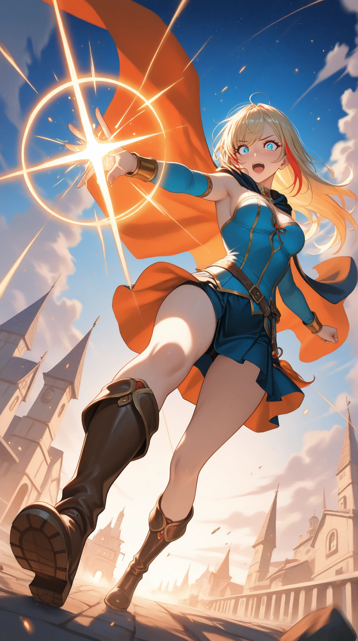 (masterpiece, best quality:1.2), rekkyou sensen,rekkyo sensen, (hasuichi nishizono:1.25) ,black hair, red eyes, solo, 1girl, gokudo, bare shoulders, belt, blonde hair, blue eyes, boots, bracelet, breasts, wrist cuffs, cleavage, clothing cutout, detached collar, detached sleeves, dress, earrings, hairband, jewelry, large breasts, long hair, looking at viewer, medium breasts, skirt, smile, standing, thigh strap, black shorts, thighhighs, background with((fantasy world, ruin, castle, beautiful sky, shining sky, sunshine:1.35))