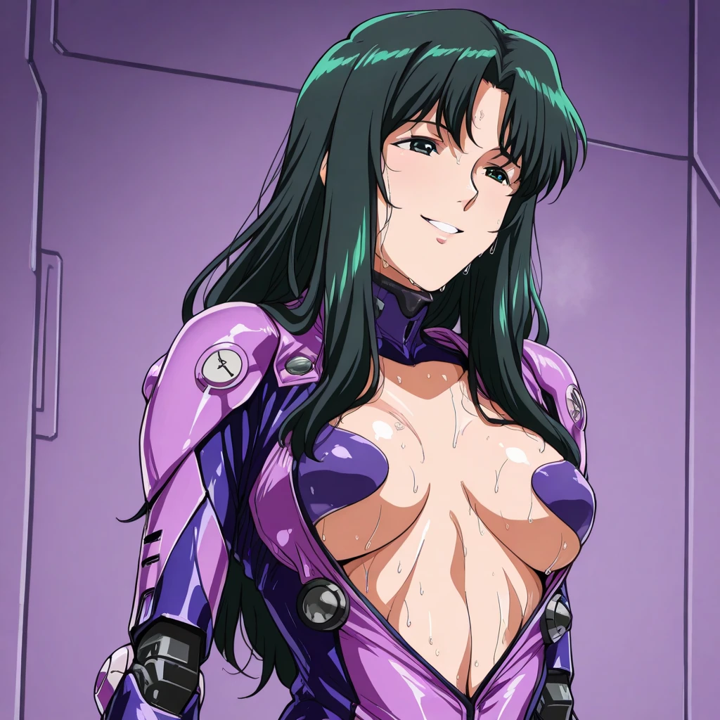 Cornelia_li_Britannia, 1girl, big_breasts, purple_eyes, (lipstick:.9), (makeup:.8), dollsuit, standing_at_attention, saluting, expressionless