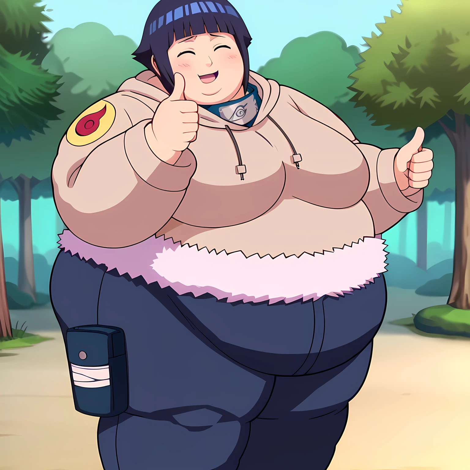 score_9, score_8_up,source_anime,
hort hair, dark blue hair, 1girl, blunt bangs, shiny hair, hoodie, solo, hood down, long sleeves, looking to the side,shy, blush, fur trim, capri pants, standing, smile, closed mouth,standing, cowboy shot, bandages, thigh holster,konohagakure symbol, forehead protector,head tilt,double thumbs up, closed eyes,
outdoors, forest,
anime screencap, anime coloring, fat, chubby, obese, gigantic arms and legs, large breasts open mouth, out of breath