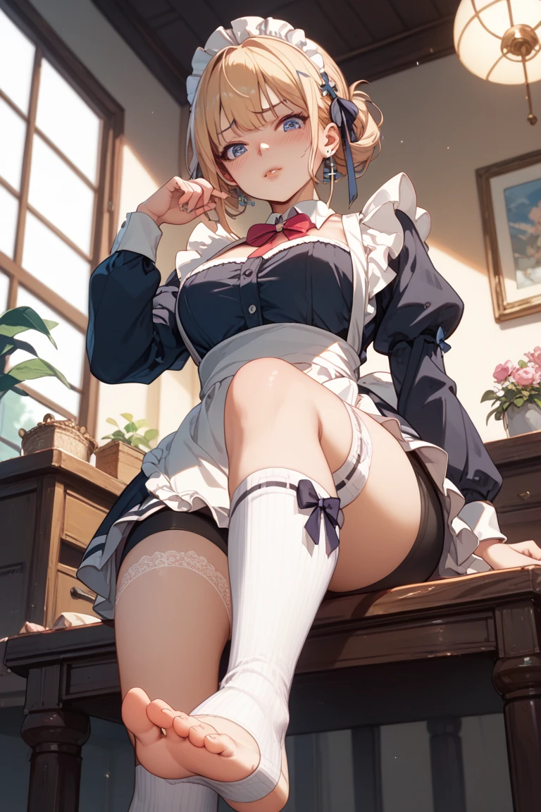 1girl, thighhighs,solo, thigh boots, white shirt, black skirt, black footwear, (((masterpiece,high resolution,best quality))), solo, bent over, on table, blonde hair, looking at viewer, open mouth, solo, blush, wet clothes, heart, wet, (beret :1.8), short hair, (iwanagakotoko:0.9), pervert, white panties, ass, from behind, fullbody, beautiful ass, beautiful thighs, beautiful panties, hands on table
