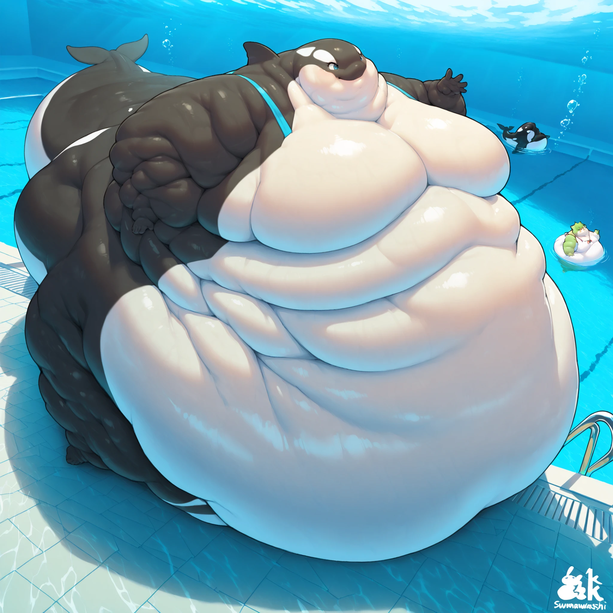 Big muscled bull, pregnant belly, taking a bath his belly is above water surface, bathtub