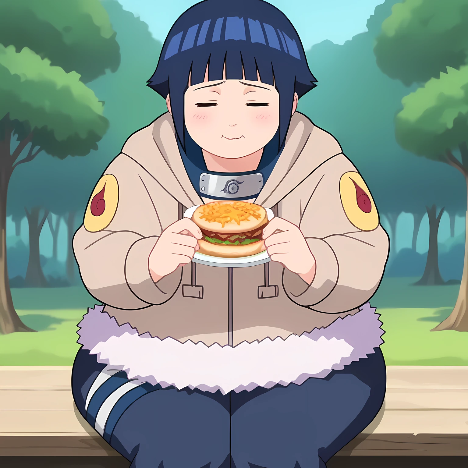 score_9, score_8_up,source_anime,
 hort hair, dark blue hair, 1girl, blunt bangs, shiny hair, hoodie, solo, hood down, long sleeves, looking to the side,shy, blush, fur trim, capri pants, standing, smile, closed mouth,standing, cowboy shot, bandages, thigh holster,konohagakure symbol, forehead protector,head tilt,double closed eyes, 
outdoors, forest,
anime screencap, anime coloring, huge ass, leaning backwards, eating food, sitting,
