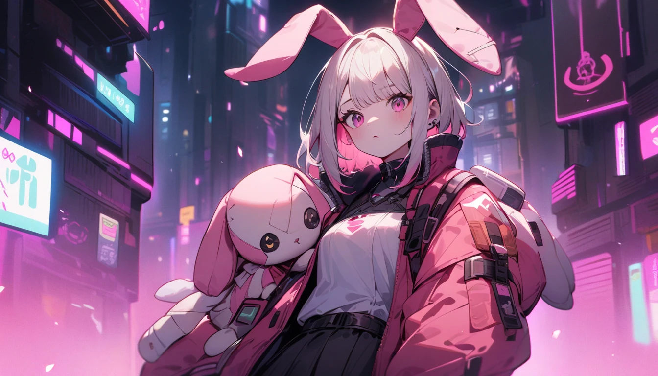 (8K, RAW photography, Best Quality, masterpiece: 1.2), high-definition RAW color photography, Professional Photography, Cinematic Light, (((white rabbit, black suit))); long ears, big red eyes, white fur, cute and silly appearance, cane in hand, ((cartoonish: 1.5)), ((fully detailed: 1.4)), long and detailed whiskers, detailed stitches on the suit, small nose, pink cheeks, bright lighting, cartoon-style shading, vibrant colors, surreal, detailed environment, perfect lighting, high quality, high resolution, film grains, Professional Lighting.