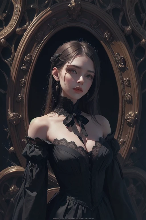 Official Art, Unity 8k wallpaper, super detailed, beautiful, beautiful, masterpiece, best quality,
darkness, atmosphere, mystery, romanticism, creepy, literature, art, fashion, victorian, decoration, intricacies, ironwork, lace, contemplation, emotional depth, supernatural,
1 girl, solo, neck, bust composition