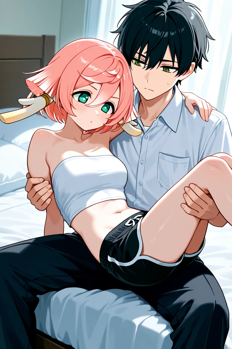super fine illustrations,Animate,1 boy,Lewd expression,Sexy,Gay,pleasant sensation,vehement,perspired,Shirtless,Heart to eye,Ponytail hairstyle,Parted bangs,A pink-haired,Green eyes,White skin,Full body like,Femininity,Wear only briefs,There is a lot of milky white liquid on the body,There are pronounced male genitalia,One man only,drools,drenched all over the body