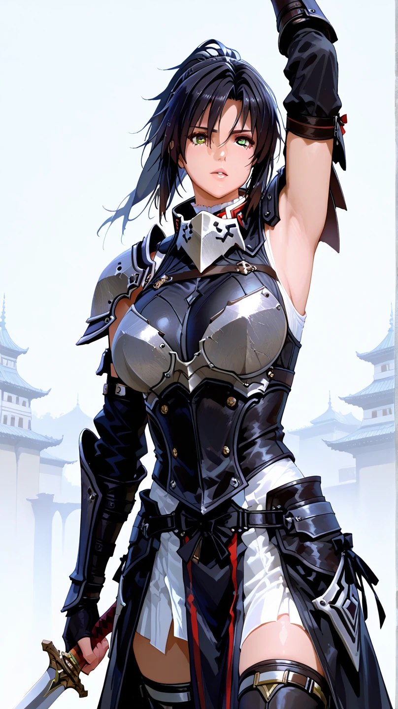 hyper quality, Hyper Detailed,Perfect drawing,Solo, Beautiful Girl, master piece, (mecha musume), Mechanical armor, Headgear, mechanical wings, holding huge gunSamurai wielding a sword, Black ponytail, Hair tied up with a large red ribbon, Equipped with two Japan swords ((extra huge oversize cool samurai_sword in hands, extra huge cool weapon machine)), open stance, actionpose,purgatory,