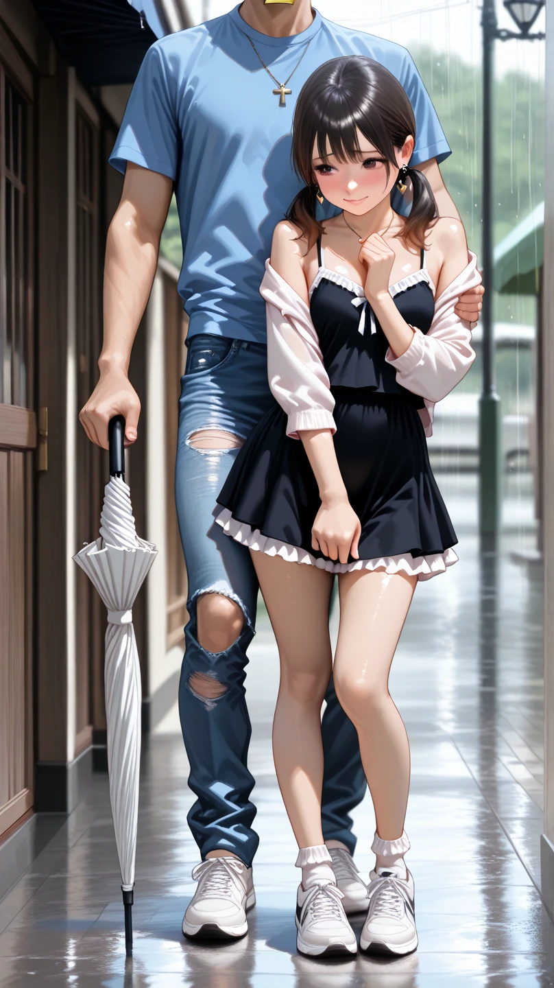 A woman wearing a dark blue maid outfit is standing and putting her hand in her panties., A man is touching her panties, show off bra, skirt, panties, underwear, (shiny light blue satin panties:1.3)、横紐レースpanties, liar, Thighhighs,garter belt, skirt lift , realistic, Two-dimensional beautiful girl