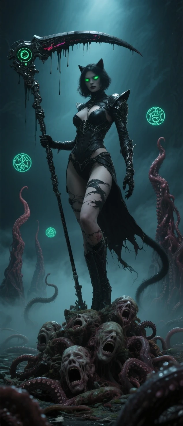 a photo of a sea witch, green short hair, evil, villain, she's coming for you, up close, dark ocean,( under water:1.1), lightning, glowing eyes, wearing a dress made out Seaweed, tentacles, octopus, (up close:1.3)