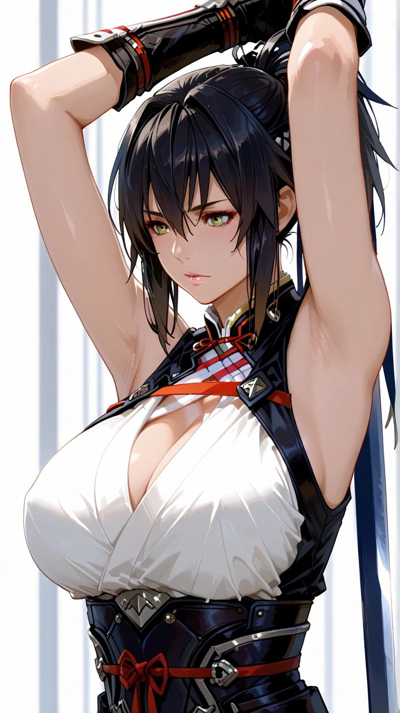 (masterpiece), (best quality), (ultra-detailed), very aesthetic, illustration, perfect composition, intricate details, absurdres, detailed face, (intricate),1girl, (kirigaya suguha, sword art online, green eyes, black hair, medium breasts), (realistic face:0.7), (narrowed eyes), nipple,perfect face, 4k, extremely detailed anime illustration,, enhanced details,cowboy shot,perfect anatomy,smooth skin, (gray background), cristal clear eyes, beautiful face,(anime style:1.5), (highres:2),