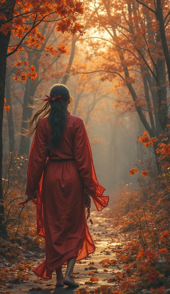 nude japanese woman wrapped in transparent silk red cloth in Japanese red tree forest, elegant standing pose, calm and peaceful, vibrant, high detail, realistic, cinematic