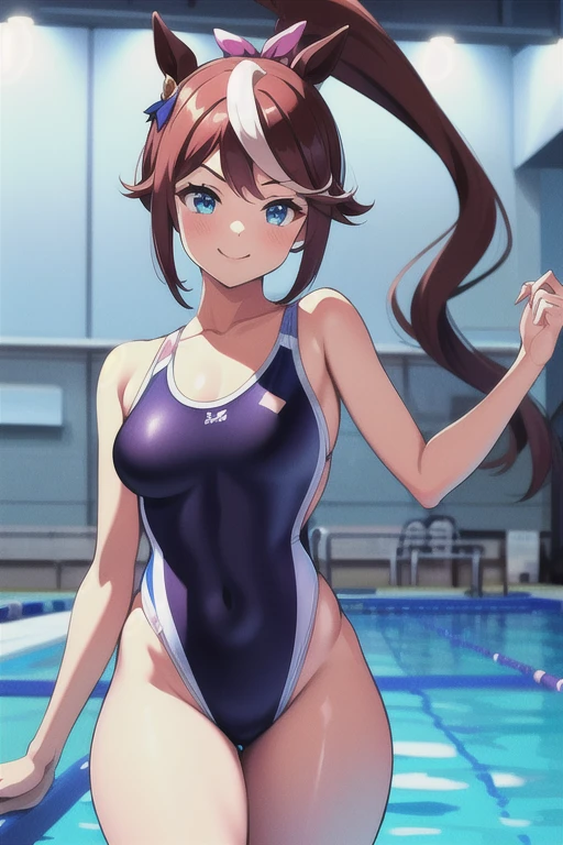 masterpiece、ultra-quality、ultra-detailliert、Perfect drawing、独奏、girl with、((Cute swimsuit))、(Round and cute buttocks)、(Pose with buttocks sticking out)、(((bulging bust top)))、red blush:(0.2)、perspiring、{{{sunburn marks(1.5)}}}、A refreshing smile、18year old、blue-sky、cumulonimbus clouds、glowing sun、Swimming pool、stadio、Shot from diagonally below the back、beatiful backgrounds、Accurate drawing、Detailed drawing