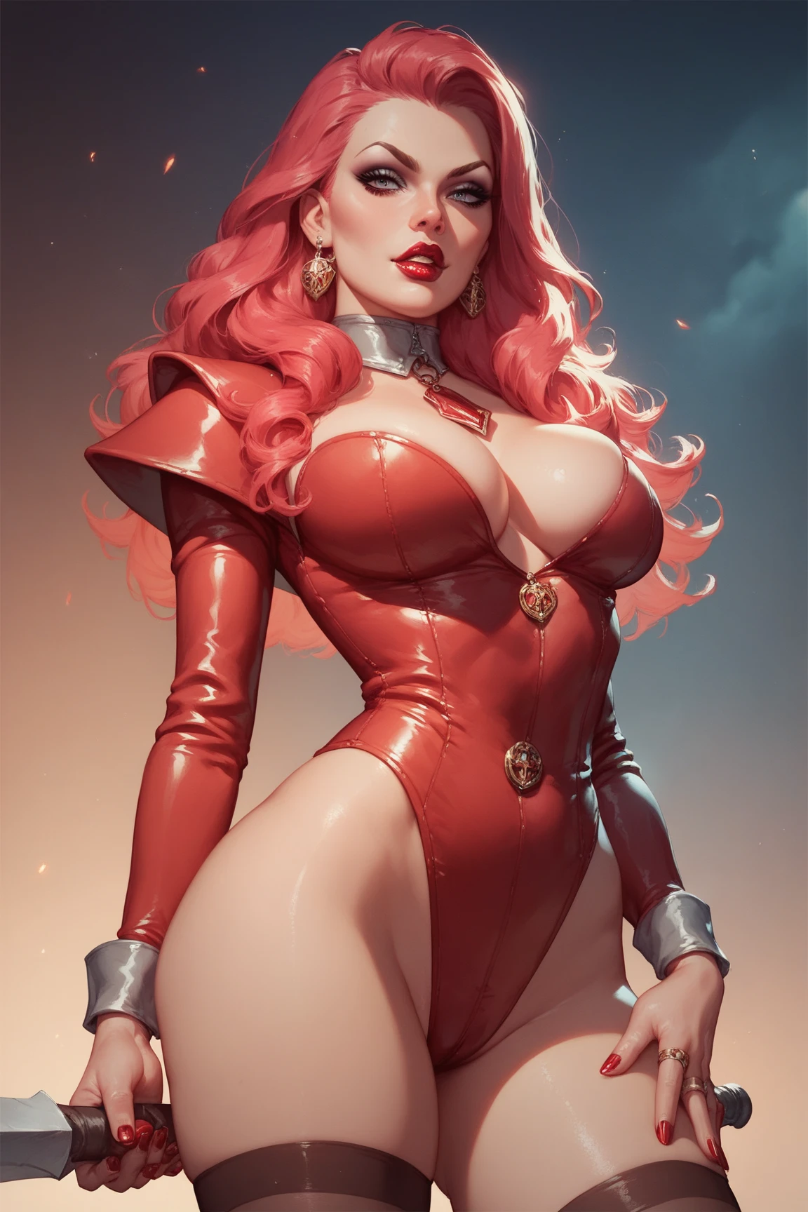 Woman, super hero, long red hair, little smile, looking to observer,santa claus helper latex leotard, sheer tights