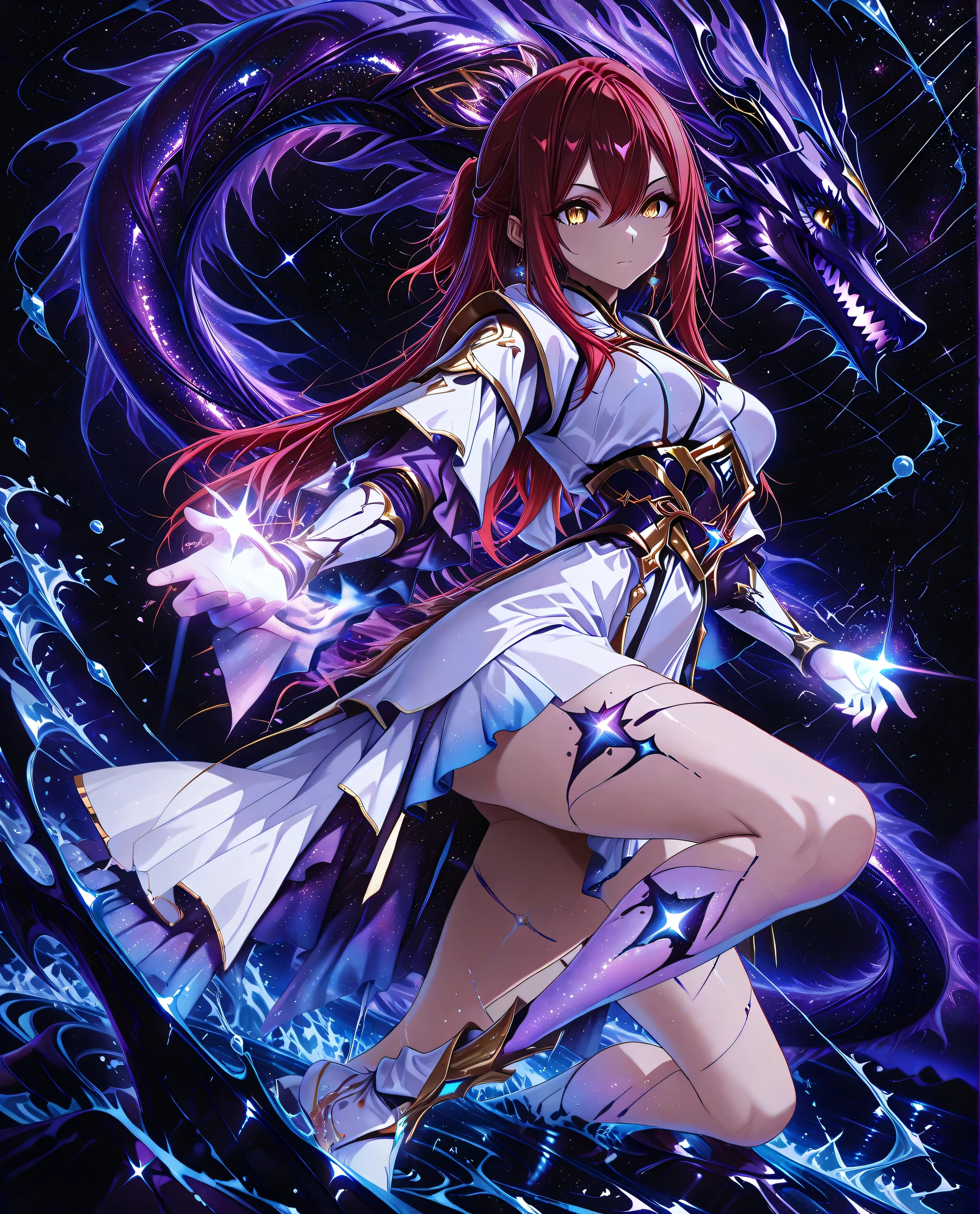 A fierce young maiden fused with the legendary Yamata no Orochi, standing over a raging ocean. Eight serpentine water streams swirl around her, each glowing with energy. She commands the waves, water columns rise like dragons into the sky. Her hair flows like kelp, and her ornate outfit is inspired by sea shells and ancient armor, cinematic lighting, high-action pose, splash effects, mythological fantasy style, detailed textures, 1 girl , golden eyes , very long hair , long sidelocks, red hair ,half updo, petite , very cute , beautiful ,Straight hair, cool, handsome, hair between eyes, sexy, medium breasts, full body
dream galaxy, star, galaxy (theme), surreal, dreamcore, blue lineart, galaxy elements, aesthetic, soft colors, pastel colors, colored lineart, ((blue tones: 1.2)), ((purple tones: 1.2)), glitter effect, fantasy style, traditional japanese art, fighting stance,traditional japanese art, fighting stance ,((correct_anatomy)), (((dynamic pose))), (((dynamic angle))),