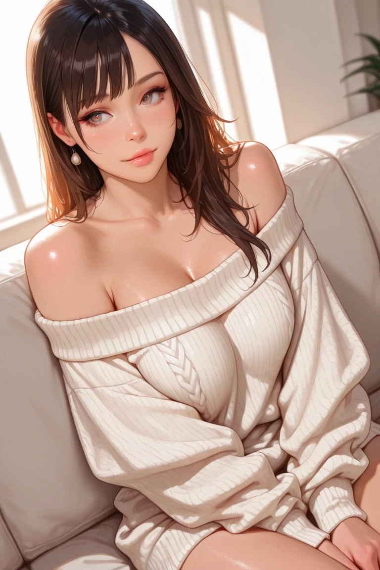 christmaedroomest quality at best, 超k hd, (realisticlying:1.4),Sunset sun, 1个Giant Breast Girl, 35yo ,(Realistic face), freckle ,(brunette color hair, short detailed hair: 1.ony tails, realisticlying的眼睛, (realisticlying的皮肤), (Sweaters), detailed photograph, Smiling, sexy for, filmgrain, low-contrast, facing at the camera, closeup cleavage (tmasterpiece: 1.3), (8K, realisticlying, Best quality at best: 1.4), hoang lap, Attractive, 超高分辨率, hyper realisitc, k hd, the golden ratio