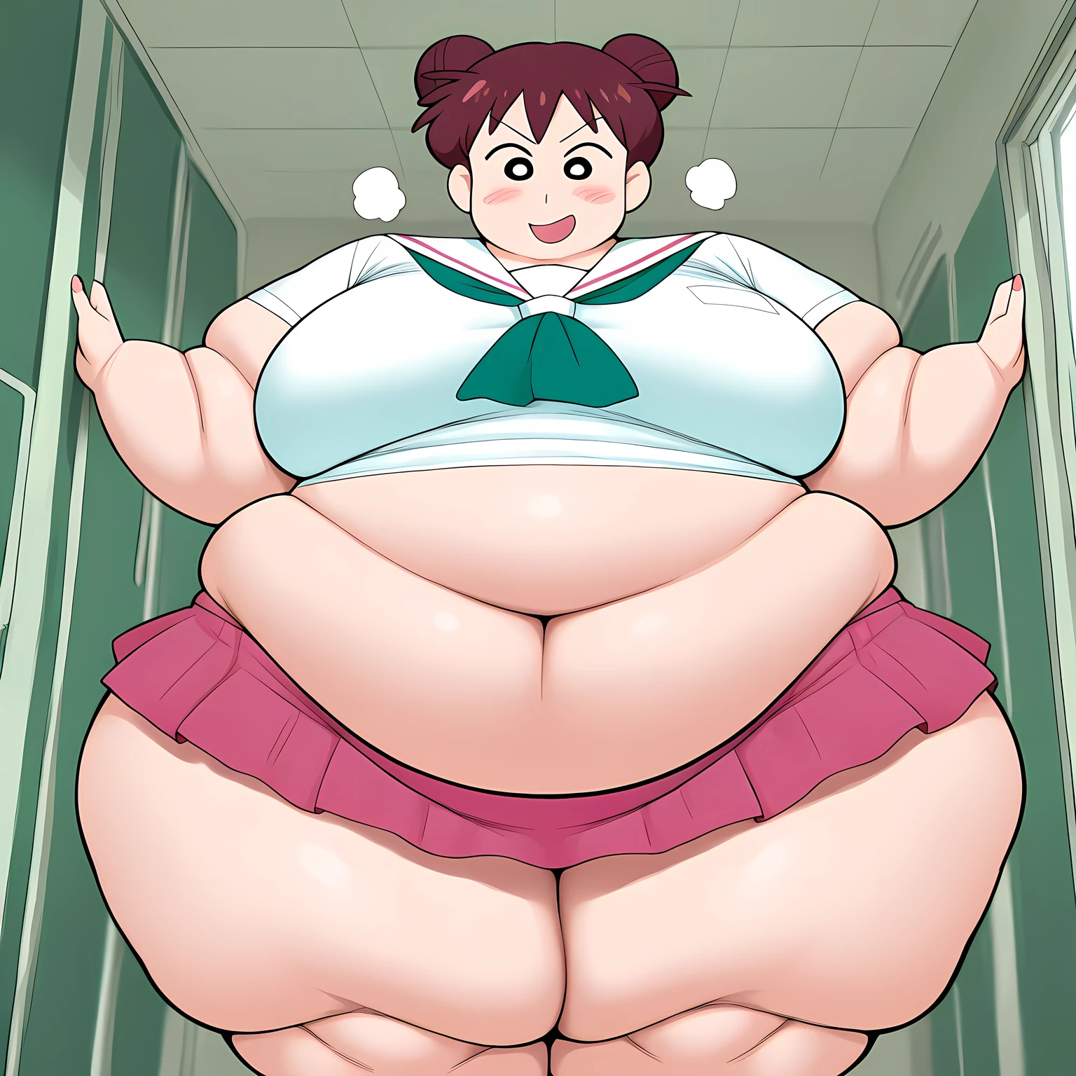 masterpiece, best quality, absurdres, highres, detailed background,
1girl, hair bun, brown hair, double bun, sakura mimiko, school uniform, pink skirt, smile, fat, chubby, obese, gigantic arms and legs, large breasts open mouth, out of breath, pov belly, from side
