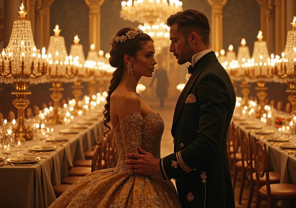 alta resolução, ((bordas e contorno de uma carta de baralho)), numero na cor branca, (number 3 in the upper left and lower right corner), (obra-prima:1.2), (melhor qualidade) (textura detalhada) (8k) (cinematic lighthing) (foco nítido), altamente detalhado, carta de alta qualidade, super realista, detalhes intricatos, estilo de fotografia vice, perfect compositio, A Bela e a Fera, Bela que tem cabelos preto e cacheados, usa um vestido medieval. A Fera usa uma roupa militar medieval e tem cabelos loiro. a Fera tem aparecencia de um lobo, The couple is waltzing in the ballroom. The illustration is like a book cover with a detailed background, brilhante, iluminado, ultra detalhado, arte conceitual, elegante