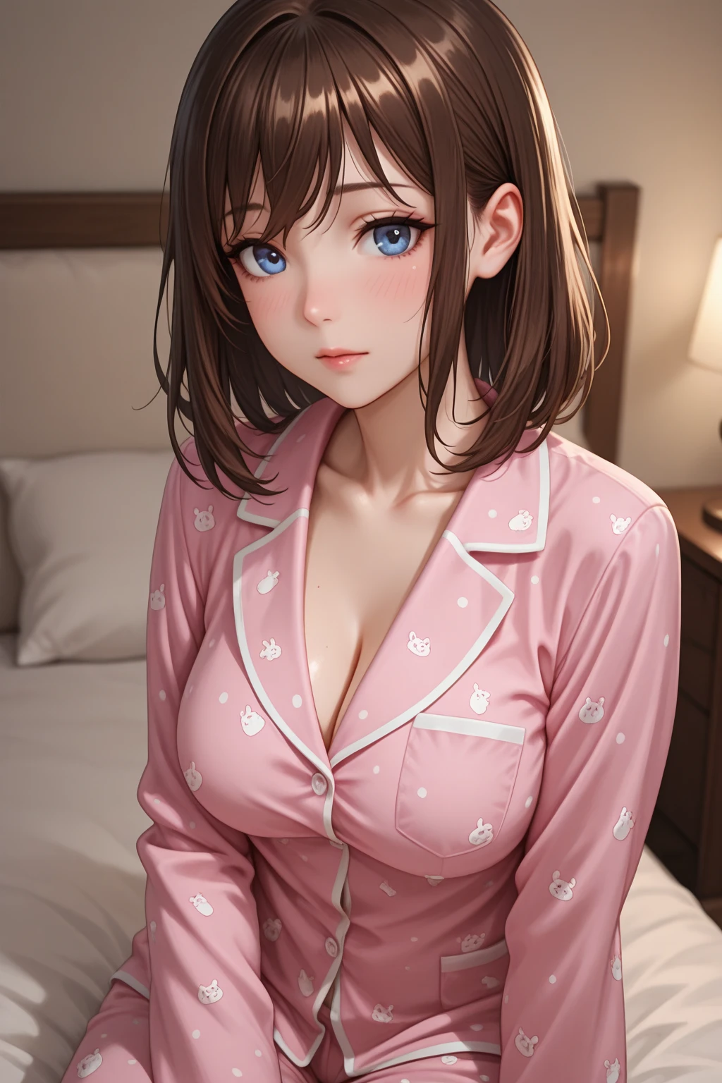 Adult female、Anime characters、Brown bob hair、black eye、blush、Embarrassed、Big round eyes、anime girl,smile,cute face,Rich man、rich、Luxurious pajamas、Luxury bed、Sexy pose、HQ、high resolution、disheveled pajamas、Accentuate the chest、Put your hand on your cheek、Out of place clothes、legitimate