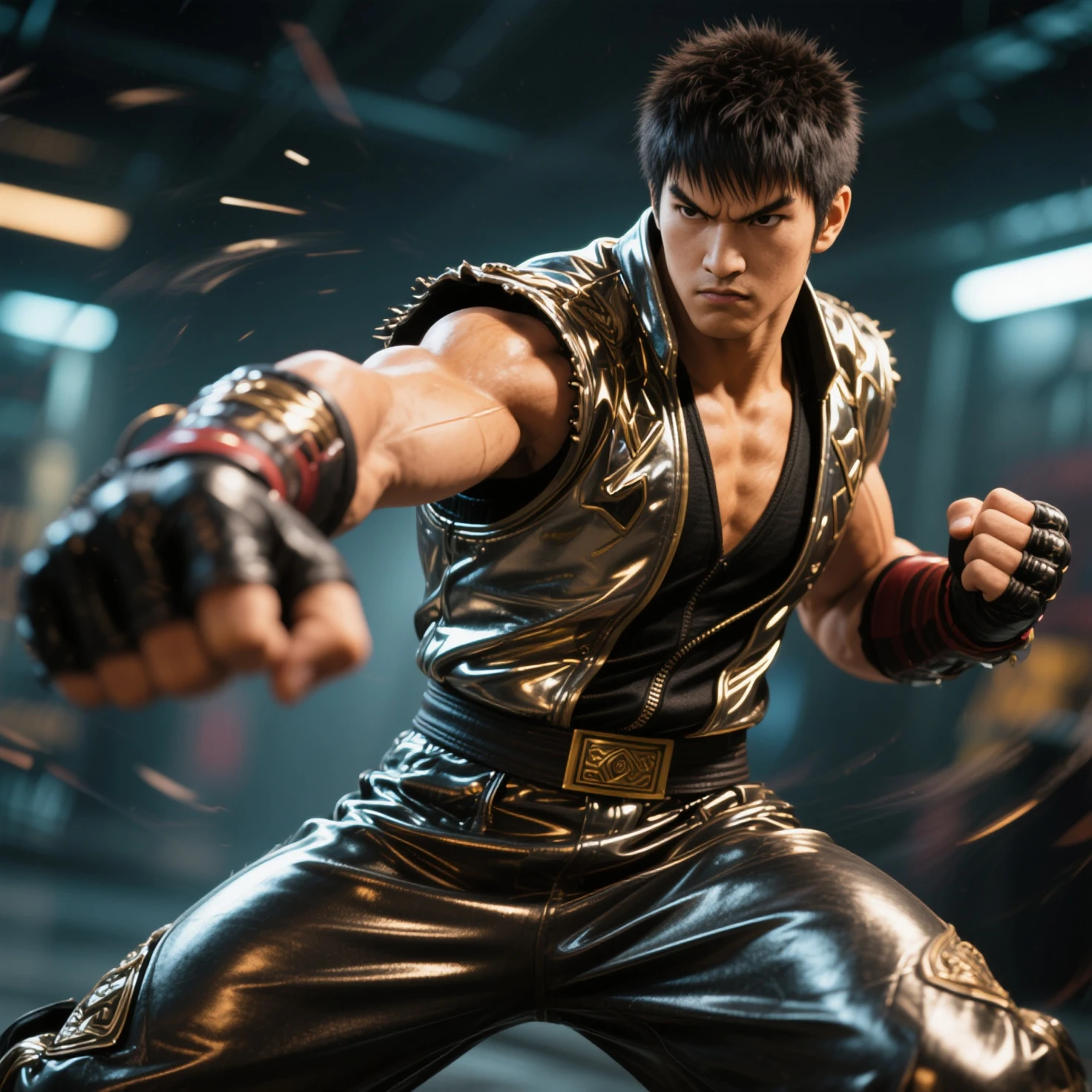 (max resolution: 1.2), (Ultra HDTV: 1.2), 8K resolution, Eye and skin details, detailed facial features, , (Sharp focus: 1, 2), ( Accurate focus) facial expressions: 1,2), Boy doing Muay Thai stance (Stone) , (Brown hair), Flaming hands, shirtless, exposed muscles, revealing toned 8-pack abs, Muay Thai style shorts, toned calves, 20-35 years old