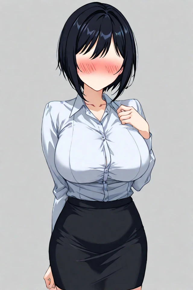 ((masterpiece)), (Highest quality), (detailed), (1 Girl), White collared shirt,Red eyes,Short Hair, skirt,bed、Huge breasts、Very Short Hair、