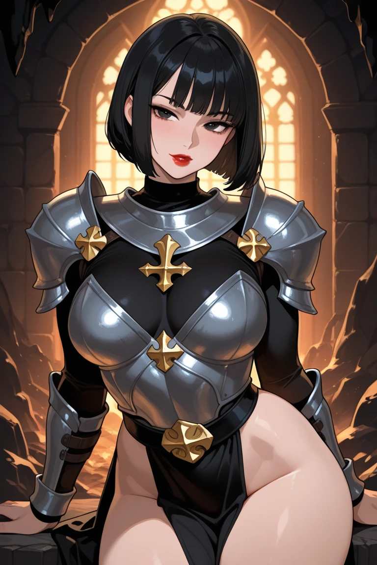 Hot sexy beautiful young milf mommy knight , chandelier earrings,big breasts, lipstick, smiling , black hair,short hair, metallic breasts ,shoulder ,armour,knight accessories , upper body 