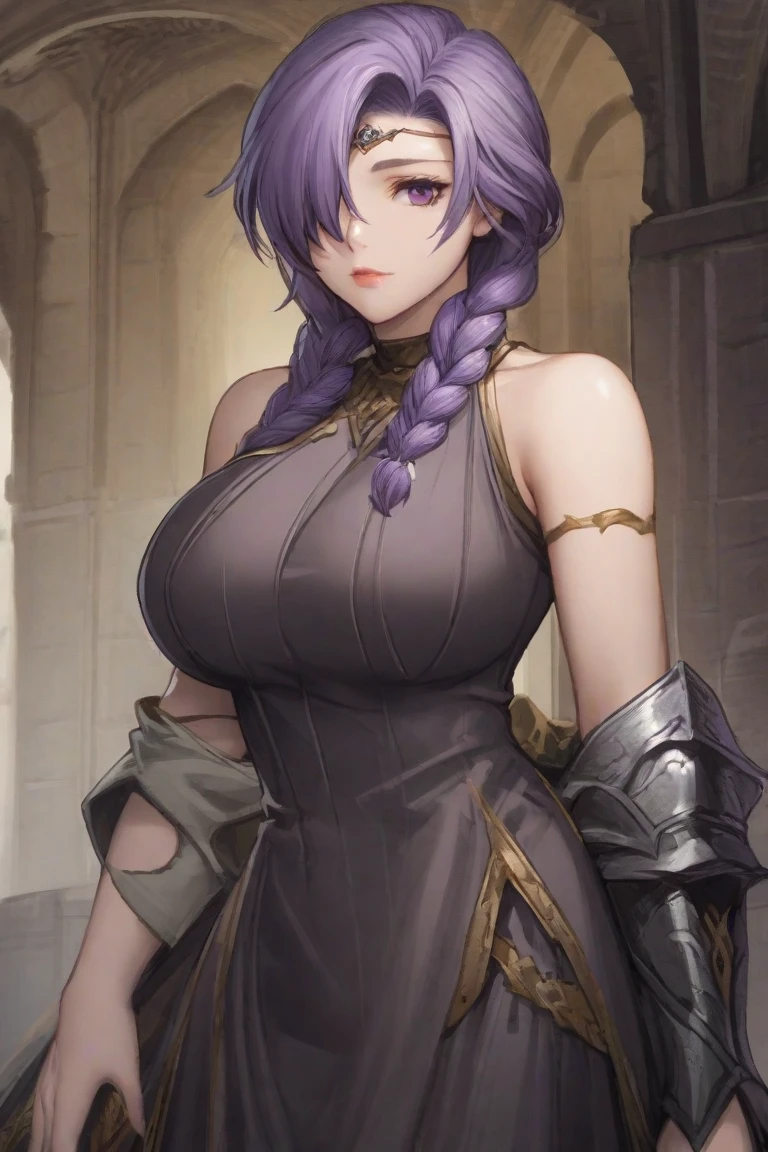 <lora:Tekken_ZafinaV6:0.85>,tkzafina, mascara,purple eye shadow,brown eyes,low hairbun, sidelocks, mulitcolored hair,circlet,