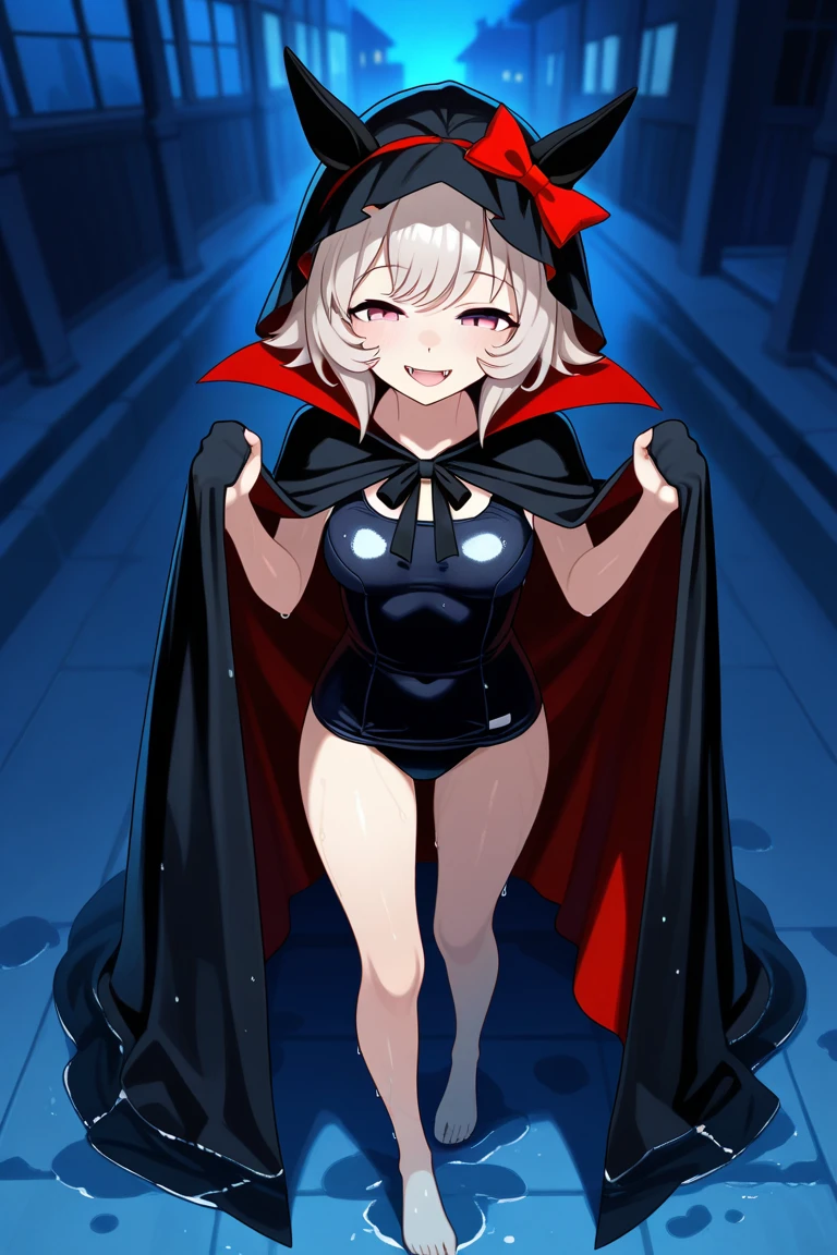 ,flat chested, flat stomach, tiny body, small stature, high quality image of an anime-style gothic girl, the girl has a very thin body, the girl has short legs, fine and thin face, her face is sad, the girl has white skin, the girl has very small breasts, The girl is slightly blushing, the girl has little ears, the girl has white hair, the girl has short hair, the girl is posing sexy, the girl is wearing a sexy black tight leotard, the girl's eyes are bright red, the girl has very marked black eyeliner, The background of the image is a night garden with luminous ghosts,