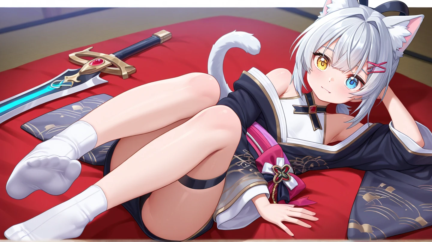 a sexy milf, has very long white hair, breasts, showing cleavage, has fox ears, wearing sakura kimono, in a gypsy tent, reading a crystal ball and surrounded by tarot cards, surrounded by candles, mystical, showing legs, sitting on cloth laden stool, has a table in front of her, has a fox tail