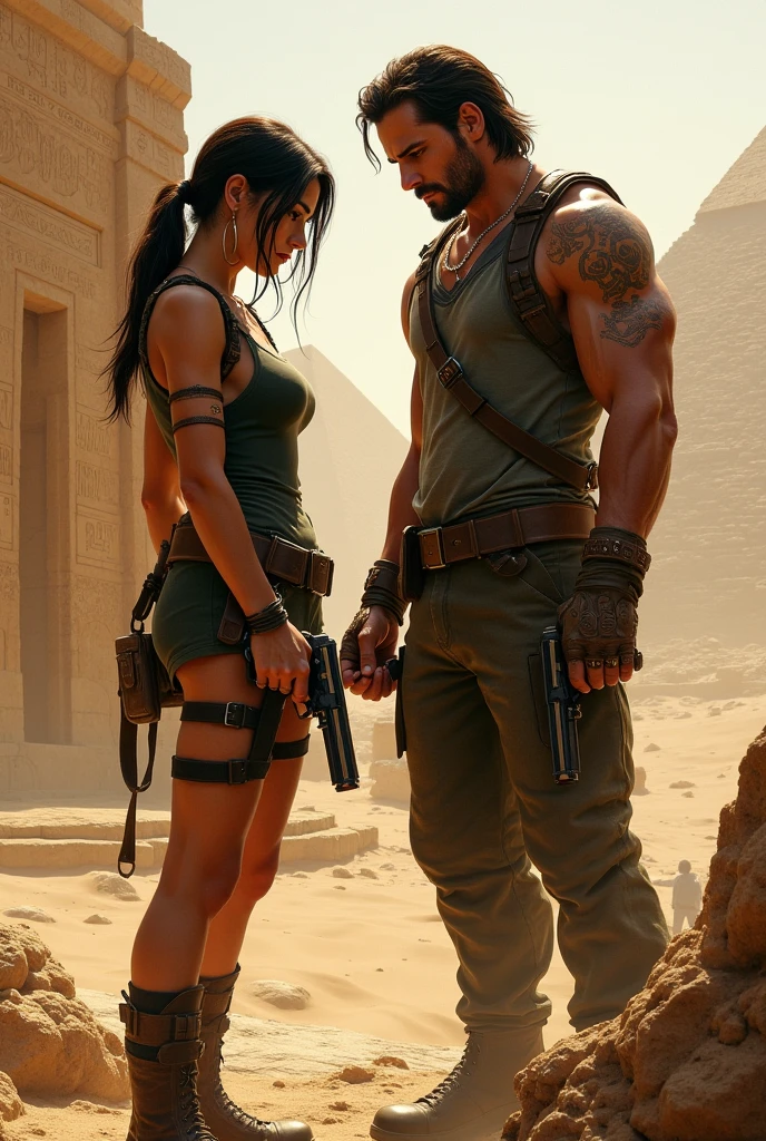 Resident Evil,Leon male,Holding Jill Girl,kisses。Hold tight,Exposing the abdomen。Sunset desert in the background。Live action,cinematic ligh。 Warm yellow, --auto
