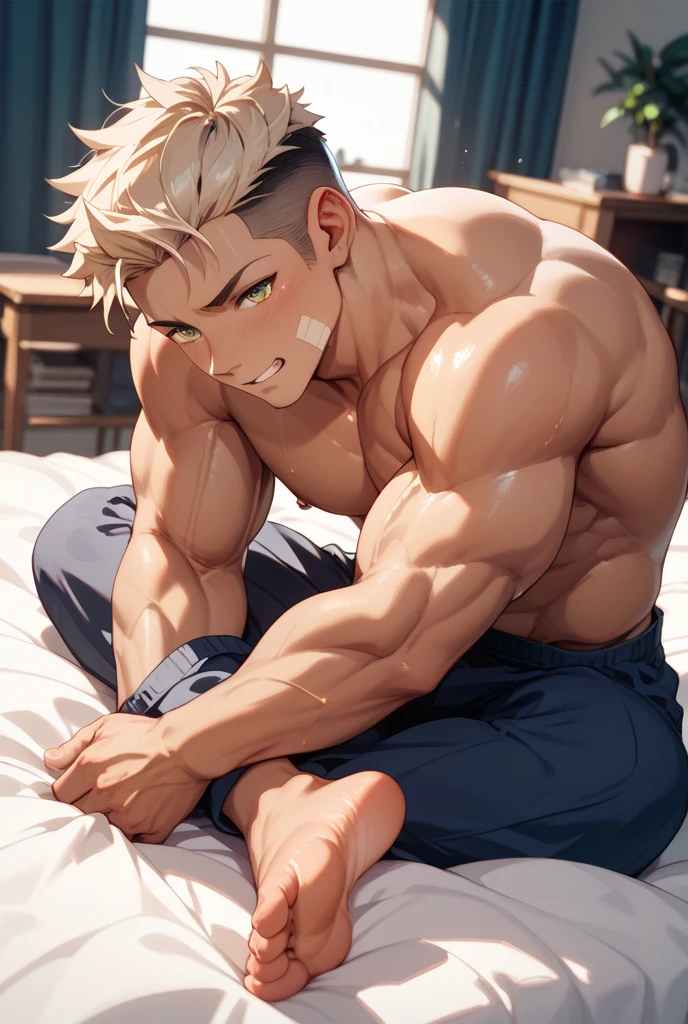 Katsuki Bakugo from Boku No Hero Academia, wearing black swimwear, bodybuilder, with oiled skin, sitting on the sofa, shirtless, abs, bedroom