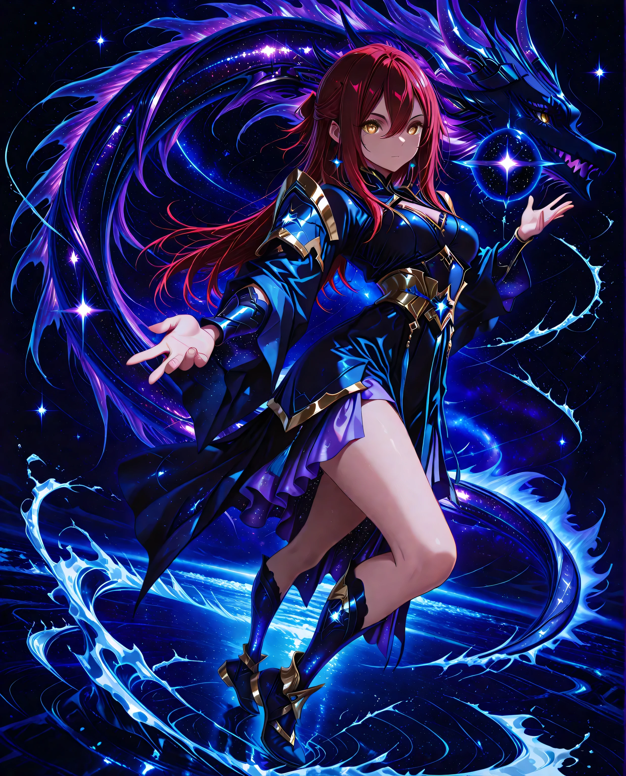 A fierce young maiden fused with the legendary Yamata no Orochi, standing over a raging ocean. Eight serpentine water streams swirl around her, each glowing with energy. She commands the waves, water columns rise like dragons into the sky. Her hair flows like kelp, and her ornate outfit is inspired by sea shells and ancient armor, cinematic lighting, high-action pose, splash effects, mythological fantasy style, detailed textures, 1 girl , golden eyes , very long hair , long sidelocks, red hair ,half updo, petite , very cute , beautiful ,Straight hair, cool, handsome, hair between eyes, sexy, medium breasts, full body, spiral magic around her

dream galaxy, star, galaxy (theme), surreal, dreamcore, blue lineart, galaxy elements, aesthetic, soft colors, pastel colors, colored lineart, ((blue tones: 1.2)), ((purple tones: 1.2)), glitter effect, fantasy style, traditional japanese art, fighting stance,traditional japanese art, fighting stance ,((correct_anatomy)), (((dynamic pose))), (((dynamic angle))), 