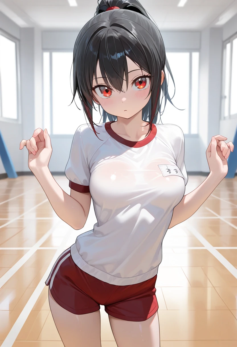 Very detailed, (Ultra-high resolution,8k), (Perfect Anatomy,Anatomically correct), (Big Breasts), (White gym clothes, Short sleeve, Red Bloomers), Hide the navel, (Five Girls:1.4), pretty girl, brm, High-quality facial beauty, ((Surprise in front of the locker)), ((Change of clothes)), (Accurate changing room), (Photorealistic), Shiny skin, Fine skin