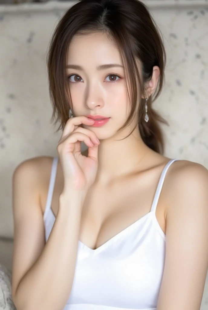 Dark brown hair、Light brown eyes、Japanese actress、 Lady、I am about 40 years old..、(Intricate details:1.2)、(Which one is on top??:1.4)、 (Ultra-high resolution:1.2)、Ultra-high resolution、(Finely tuned)、(Detailed facial features)、Hmph、8K resolution、D cup size breasts、Long Hair、Updostyle, Updo、Hair Bun、1 Girl, Deep sorrowの表情, (Very detailed美しい顔), (camisole:1.5), (Bare shoulders:1.3), (Highest quality:1.4), (Very detailed)、Beautiful fair skin with transparency,  Are sleeping、Sleeping on the floor、Top view、 Spread your legs wide, Please open your mouth a little、Legs visible through one-piece dress、Deep sorrow、Pose of Weakness、Obscene pose、White floor、White wall、The morning sun shines in、Sleep on your side。