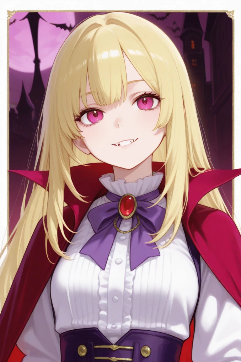 fangs, (mid shot:1.3), (solo:1.3), (((((looking at the viewer))))), in a grand castle room adorned with opulent Victorian-era furnishings a (vampire lady) of timeless elegance, she contemplates the intricacies of her immortal existence, her keen intellect matched only by her insatiable thirst for knowledge, as moonlight spills through stained glass windows casting ethereal patterns upon the chamber walls, she prepares to embark on a clandestine mission that will forever alter the destinies of mortals and immortals alike, blonde