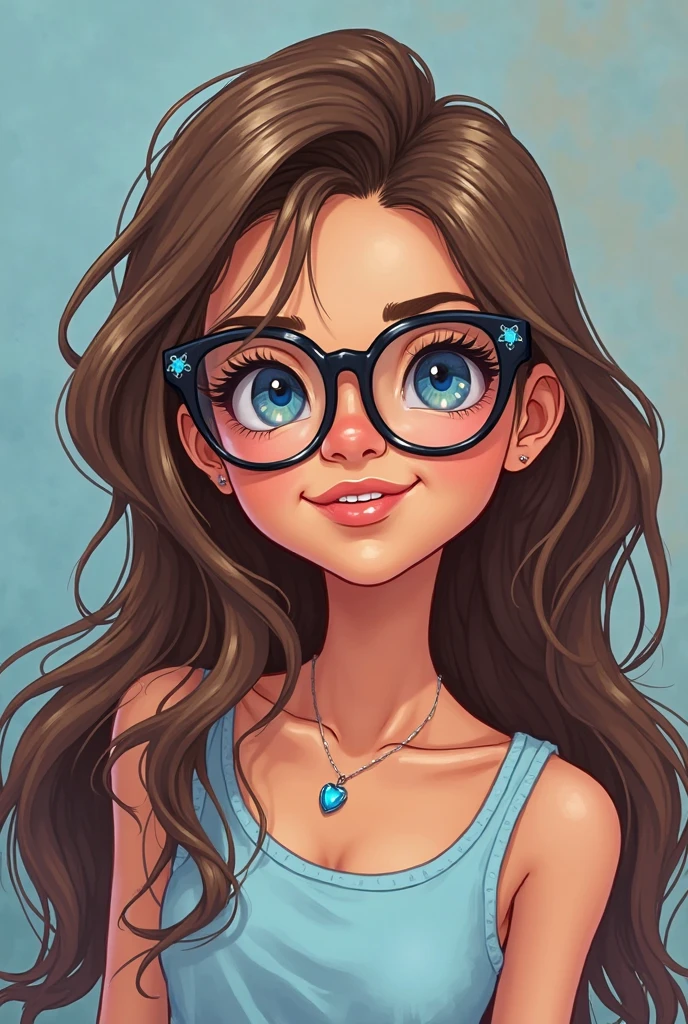 Create a female model with the following characteristics : long, wavy brown hair Cartier panther glasses Blue almond-shaped eyes Lightly tanned skin with a luminous complexion Full lips with a charming smile Fine, thin and straight nose This model must exude an aura of confidence and'elegance., se démarquant par son allure sophistiquée et ses lunettes distinctive la femme doit être le plus réaliste possible