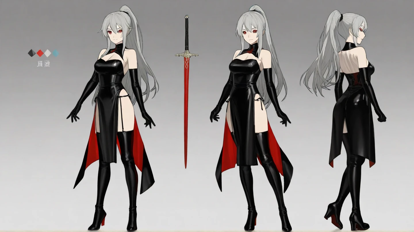 female, middle in the air, white hair, black sclerared, red iris, black one piece dress, big chest, sexy, smile evil,
