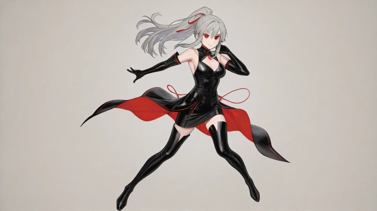 cute girl, Short white hair and light white smoke coming out of it, Red eyes, black clothes, full body, Smoke coming out of her hair like an incense stick, sexy body, sexy,