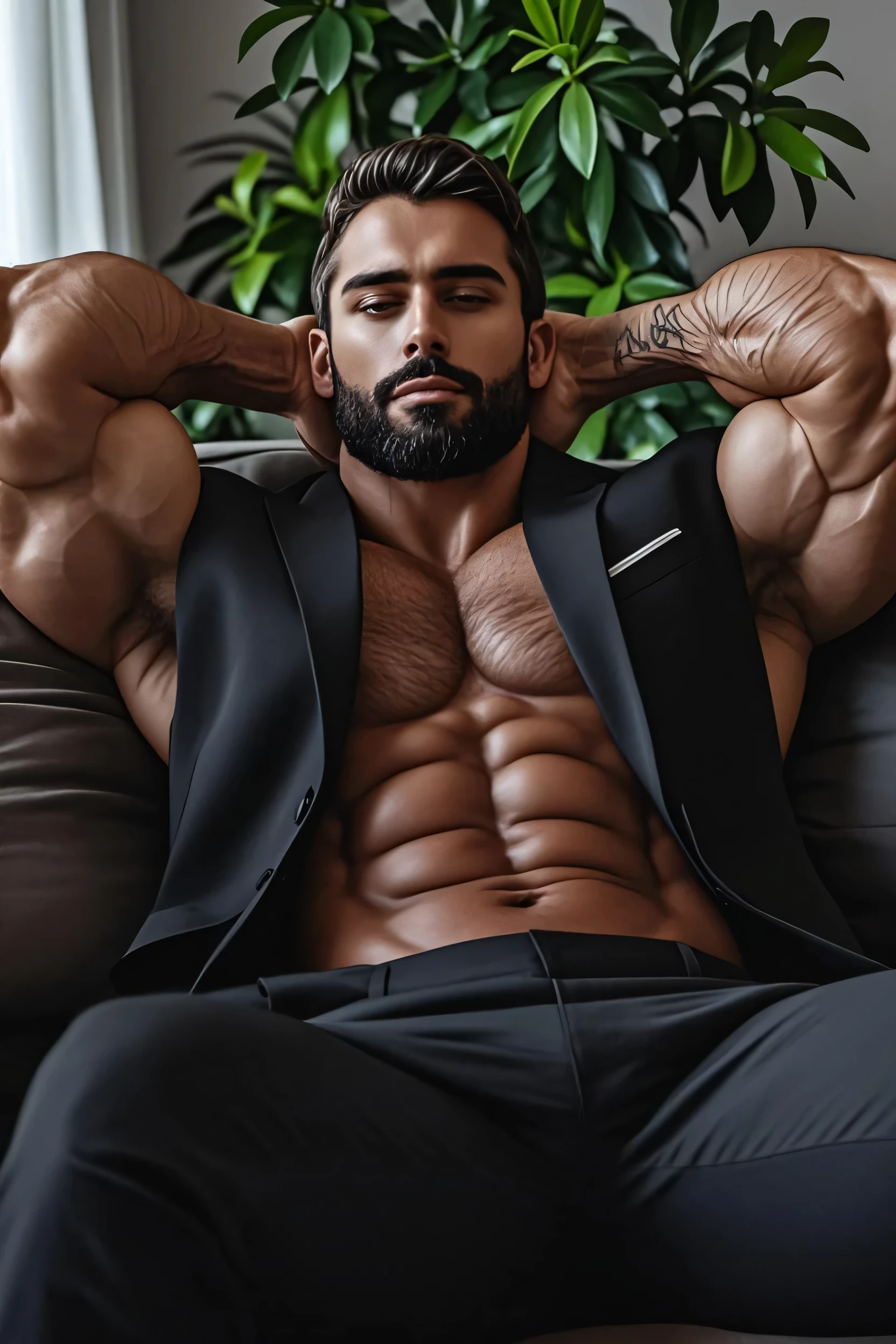 A sporty, muscular man with short hair, a youthful and handsome appearance, a rosy and healthy complexion, strong chest and abdominal muscles, dense chest hair and abdominal hair, a solid and robust physique, muscles wrapped in visible fat, no veins on the surface of the muscles, tanned skin, close-up, lying in masses of white flowers, natural sunlight effect, white hue.