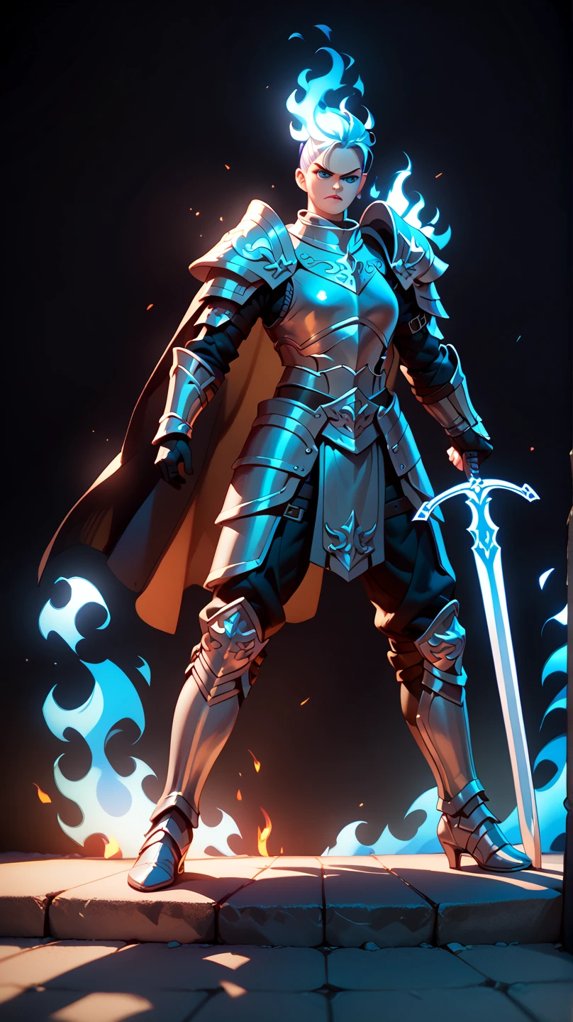 A mature and handsome man with blue pupils, short yellow hair, a confident expression, wearing gorgeous silver armor with golden patterns all over the armor, exuding light blue luster, holding a huge sword, a paladin