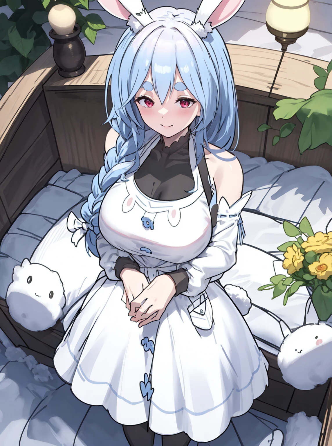 pekomama \(Hololive\),One girl, Blue Hair, Long Hair, Braiding, single Braiding hair, Bunny ears, Bunny ears, Thick eyebrows, Red eyes, Huge breasts, (beautiful)
, One girl, alone, gardenに立つ, whole body, Full Figure, garden, Apron Clothing, No sleeve, Exposing shoulders, Pelvic Curtain, Hold your head with one hand, Underarm, Smile at your audience, 
, Official Art, Very detailed CG ユニティ 8k 壁紙, Perfect lighting, colorful, (Highest_quality), 超High resolution,4K, Very detailed, 8k, High resolution, High resolution,  Absurd:1.2, (Vibrant_color:1.2),
