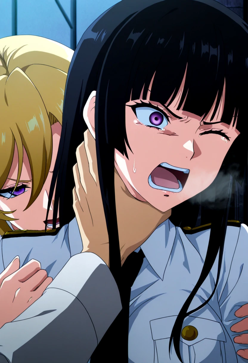 score_9, score_8_up, source_anime Bibl3, girl has sex from behind, cock shock, cumshot, busty shortstack, pokemonsabrina, black hair, long hair, bangs, blunt bangs, red eyes, hypnotized, hime cut, sidelocks, white pupils, huge breasts, heavy breasts, breast expansion, full lips, vivid lips, wide hips, thick thighs, lace panties, on fours, arched back, doggystyle sex, detailed penis, excessive cum, viewed from above, doorway of school office, girl shocked, blank expression, breast focus, mesmerized by penis, raised eyebrows, detailed eyes, detailed face, puckered lips, pretty woman, cum in mouth, open mouth, breasts swaying