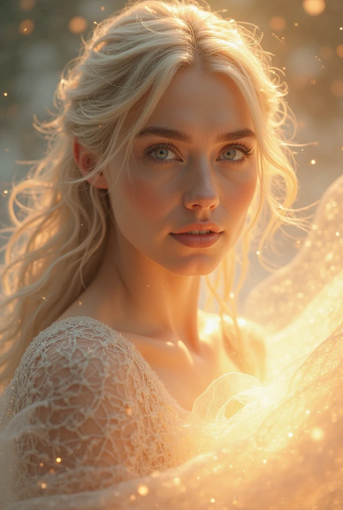 masterpiece, top quality, ultra detail, illustration, beautiful detail, depth of field, Dynamic angle, 8 K wallpaper, portrait, better quality of light and shadows, 4K, 8 K, computer graphics, Fine detail, blurred background, upper body, modern, dress, blonde, long hair, beautiful eyes, Beautiful splash