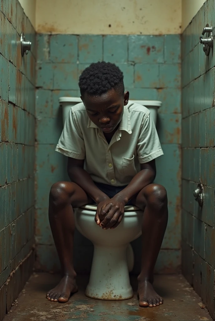 Short black boy with Chinese hair watching a computer while holding toilet paper in his hands and is very anxious and nervous